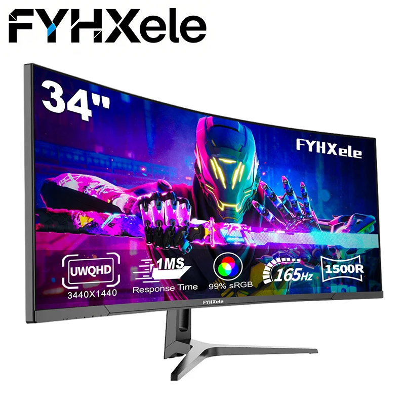 Monitor de computadora FYHXele 4K de 34 pulgadas, pantalla LCD QHD, monitor de juegos VA curvo 1500R, frecuencia de actualización de 165 Hz, AMD Freesync, tiempo de respuesta ultrarrápido de 1 ms, VESA 100*100 con altavoz, HDR400, protección ocular con luz azul reducida, adecuado para uso a largo plazo