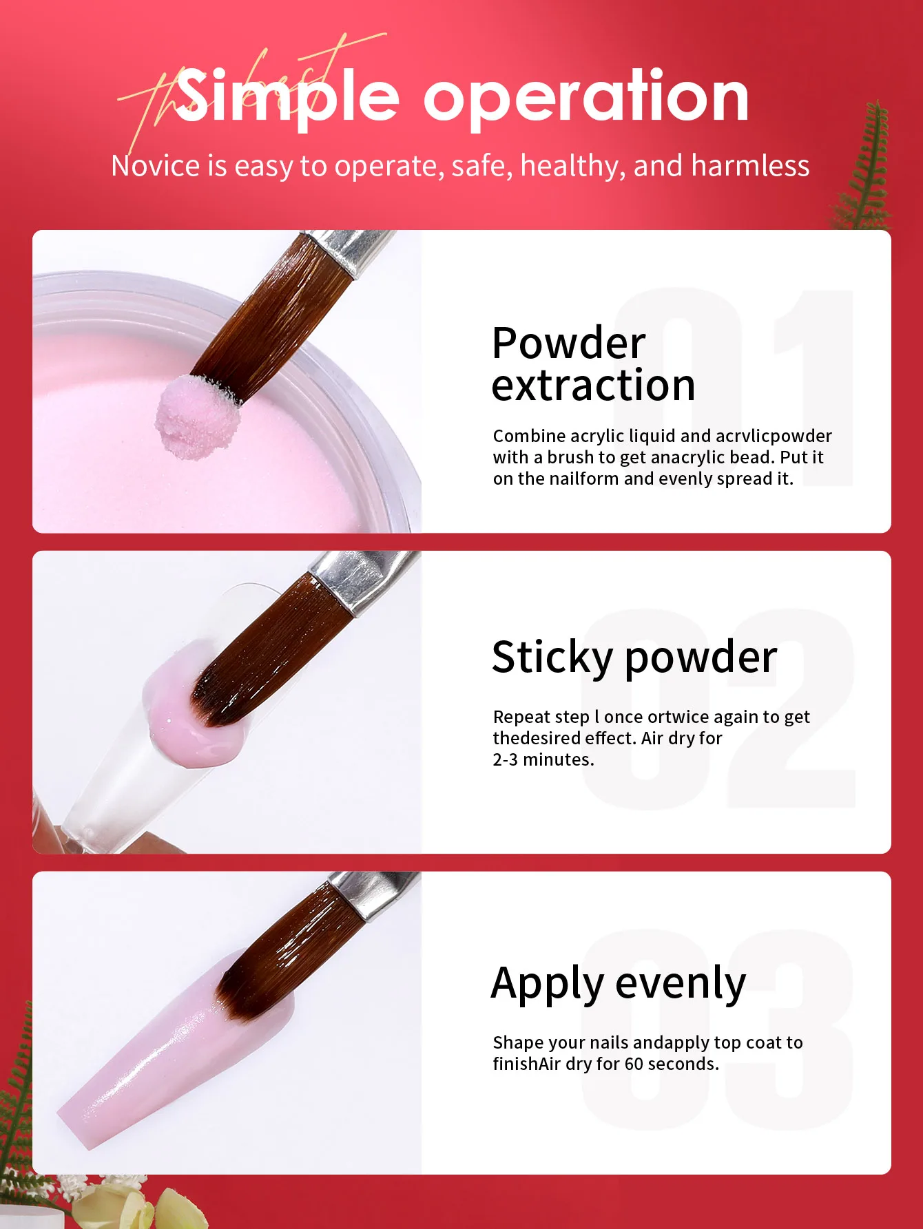 Conjunto de pó de unha de cristal vermelho de 6 cores, conjunto inicial de pó de unha de cristal, salão de manicure francês DIY, sem necessidade de lâmpada de unha