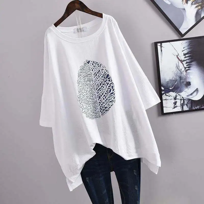 Summer New Printing Plus Size Tops Tees Round Neck Short Sleeve Loose Basic Pullovers Casual Fashion Women Clothing