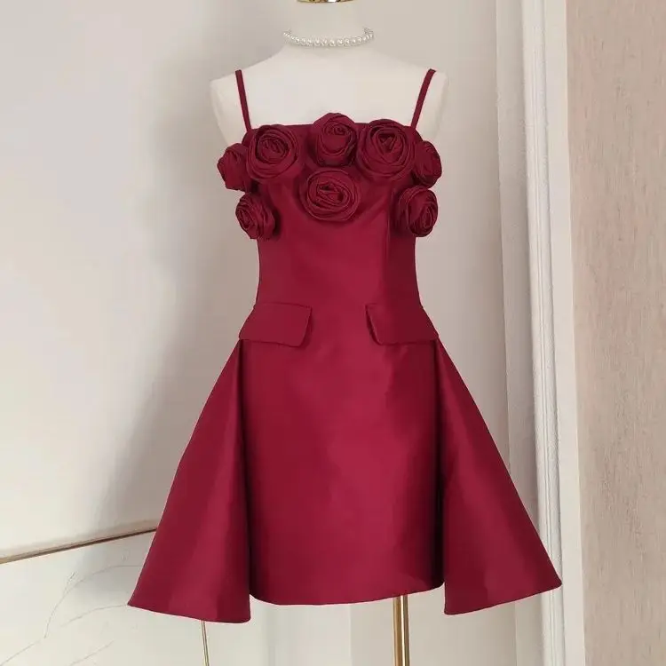 

Summer 3D Flower Spaghetti Strap Evening Dresses Women's Red Backless Mini Dress Female Skinny Elegant Party Clubwear Vestidos