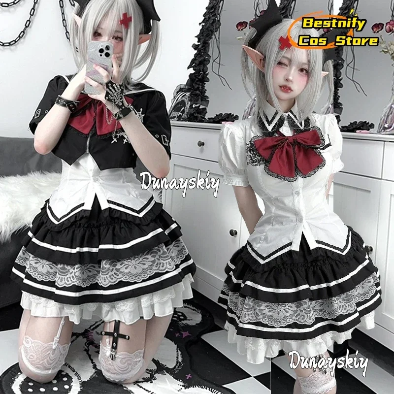 

CosplayJapanese Goth-punk Cosplay Dress Costume Y2k Aesthetic Lace Patchwork Blouse Top Women JK Slim Fit Blusas Anime Role-play