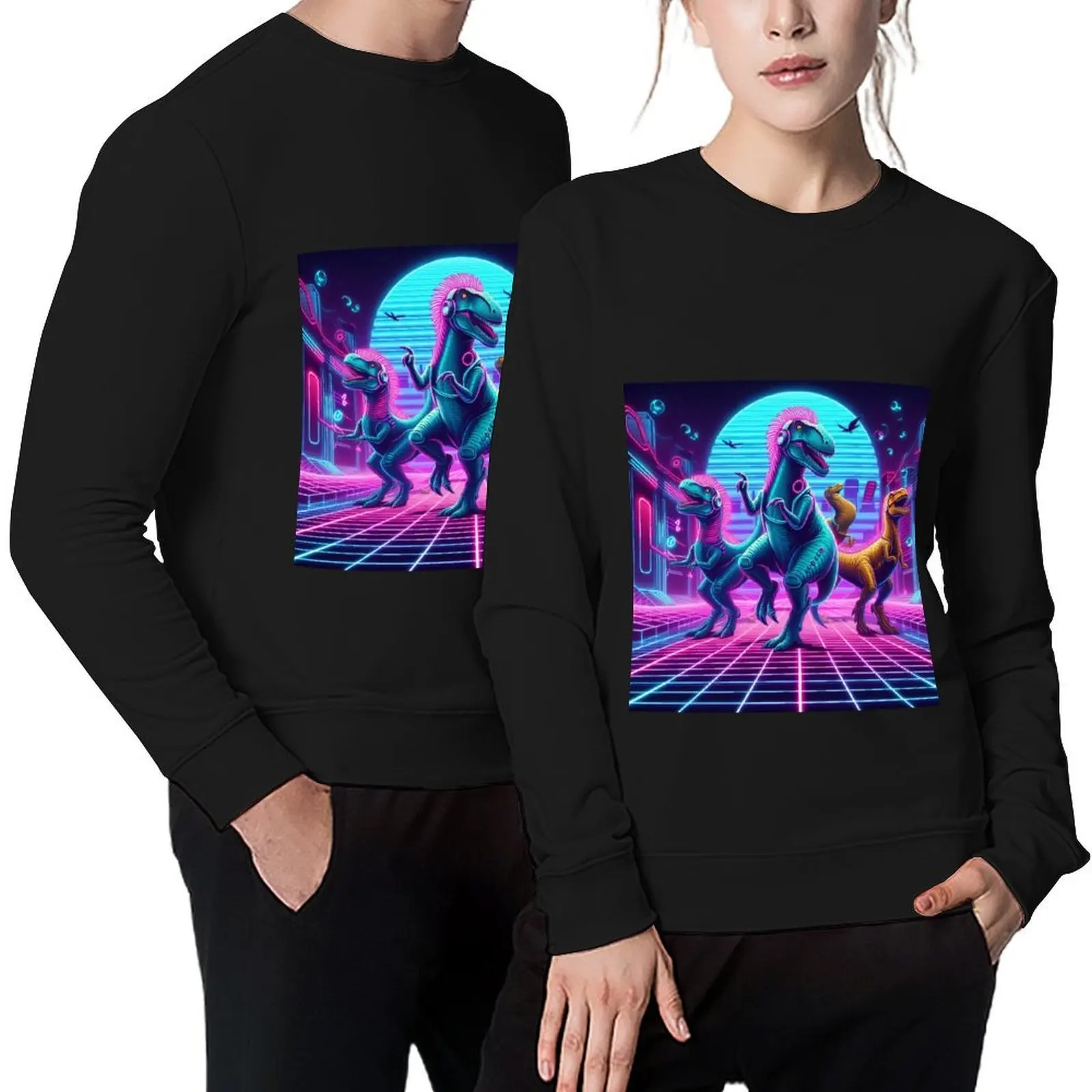 

**Retro Rave Dinosaurs - A Neon Blast from the Prehistoric Past!** Pullover men's clothes sweatshirts for men