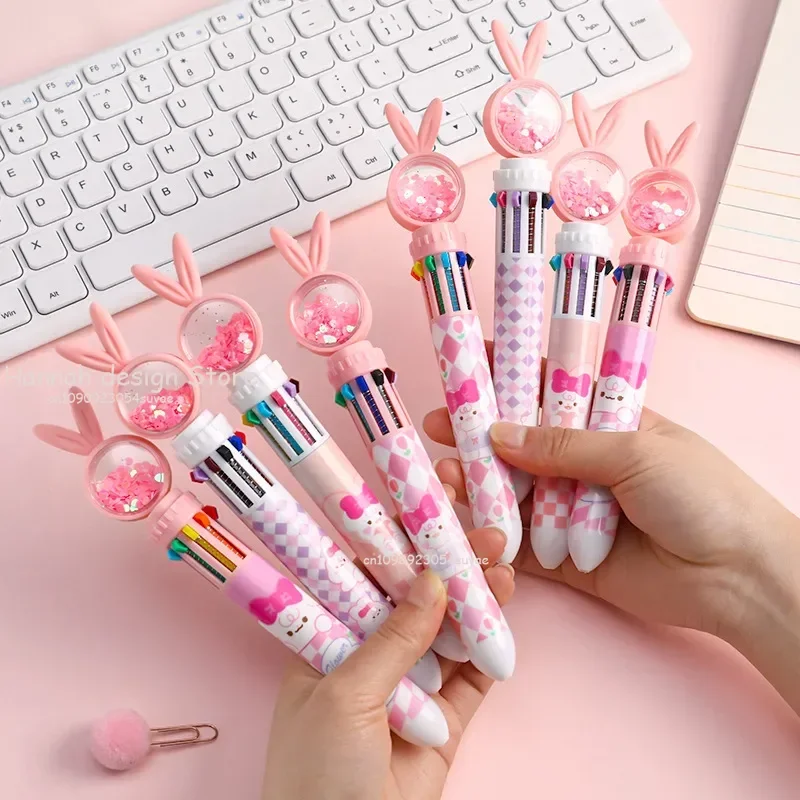 Kawaii Cartoon Sugar Flash Drilling Cat Colorful Ballpoint Pen Girlish Multi-colored Pen Push Type School Office Students Pen