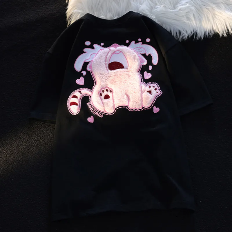 Damska koszulka z krótkim rękawem Summer Cute Style Couple Match Top Kawaii Tees Shirt Furry Cry Cat Cartoon Flocked Embroidery Loose Short Sleeve T-shirt