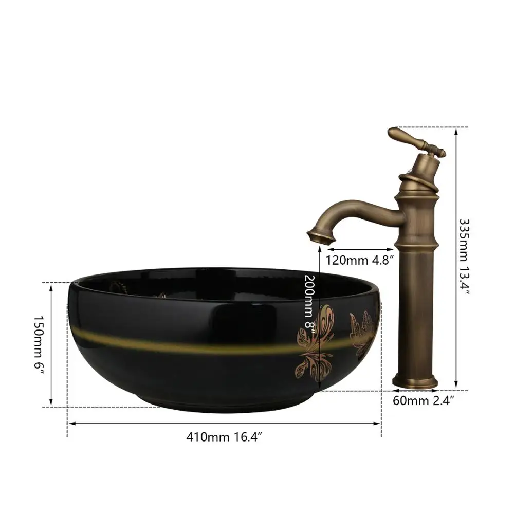 Torayvino Black Round Paint Bowl Sinks Vessel Basin Bathroom Washbasin Ceramic Basin Sink Roman Antique Brass Basin Mixer Faucet