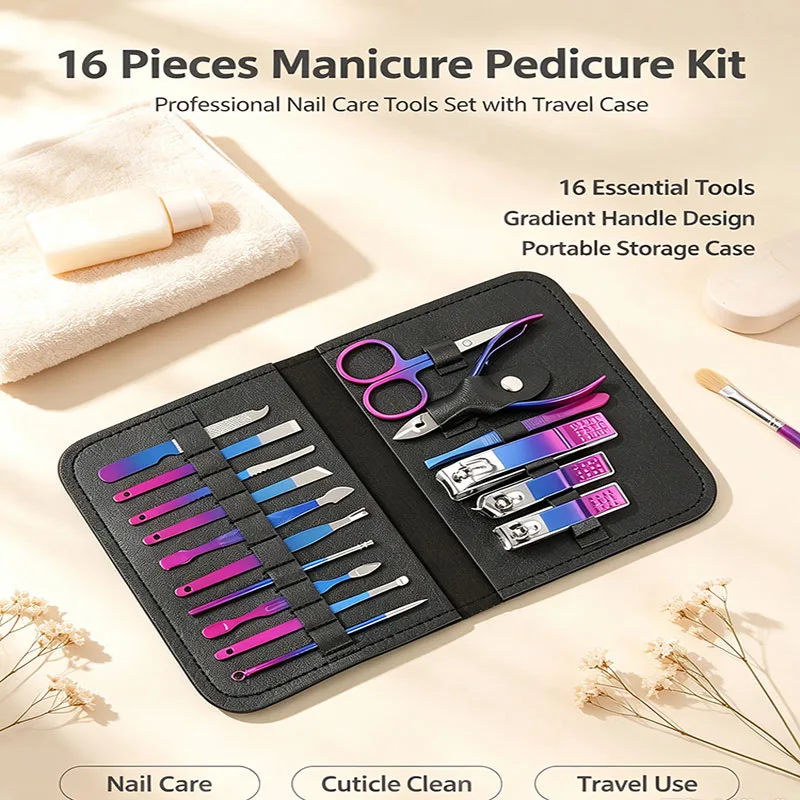 32Pcs Manicure Pedicure Tool Set, Portable Foldable Leather Storage Case, Complete Nail Clippers Beauty Kit for Home Travel Use