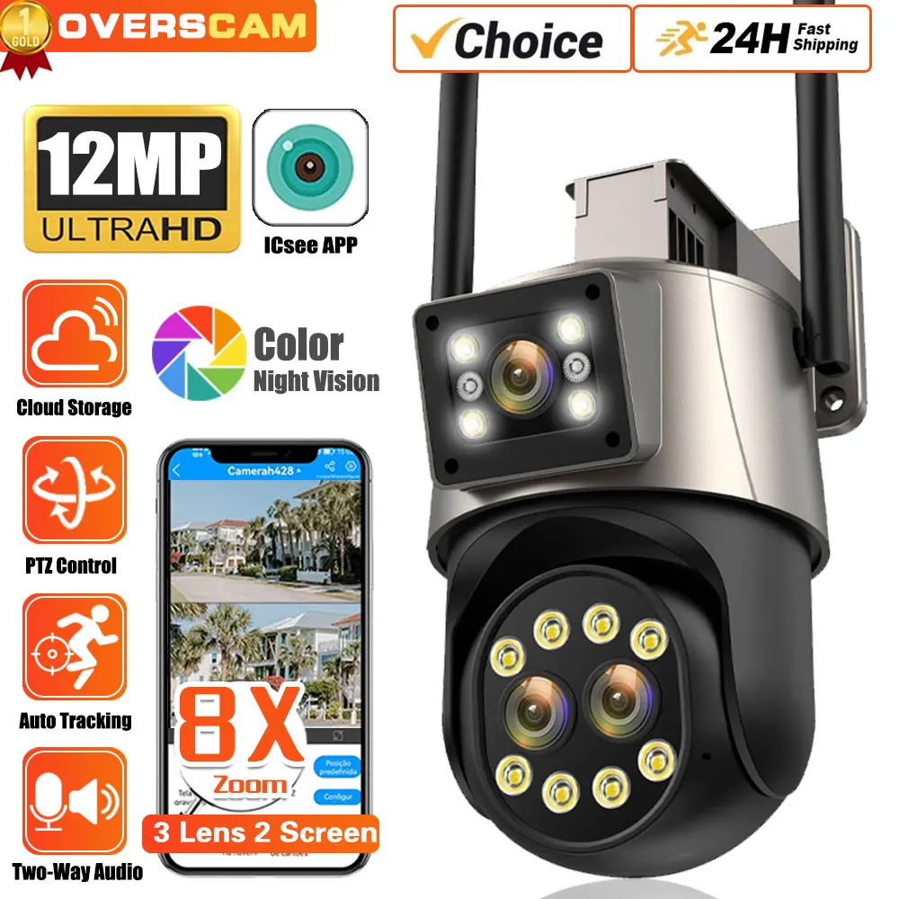 

12MP PTZ WiFi Camera Three Lens Dual Screen 8X Zoom Color Night Vision Outdoor Security IP Camera CCTV Surveillance Camera ICSEE