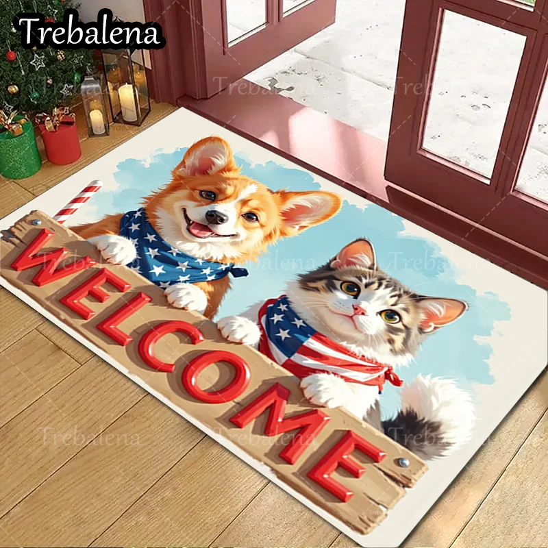 

1pc Welcome Door Mat Cute Dog Cat Welcome Mat Patriotic American Flag Design Floor Rug