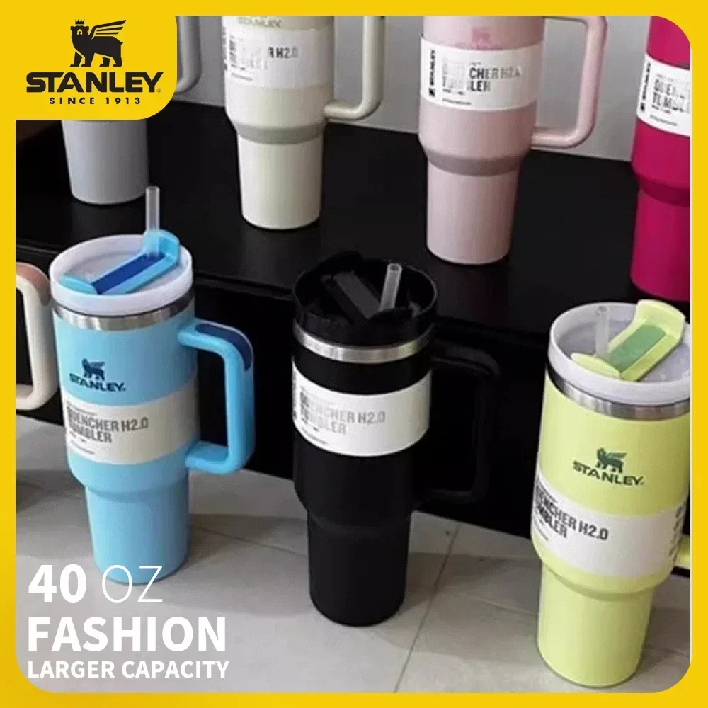 STANLEY 핸들 뚜껑이 달린 스테인리스 스틸 텀블러, 여행용 빨대 진공 단열 커피 머그잔, 40oz