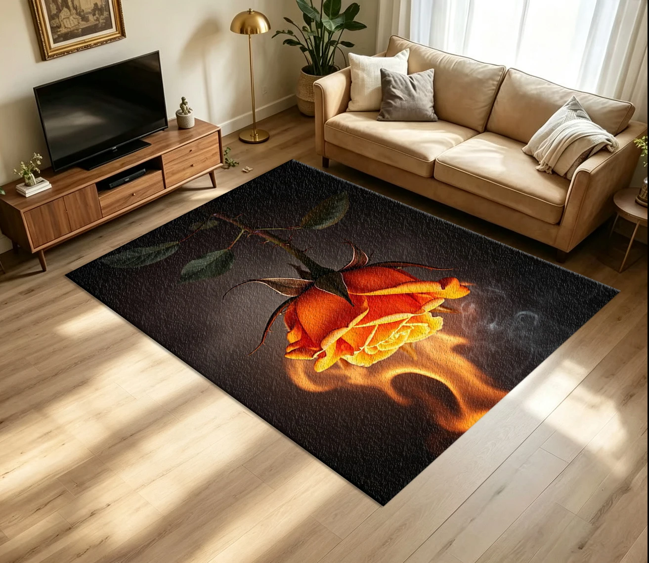 Dark Art Burning Orange Rose Carpet Flooring Mysterious Flame Smoke Floral Art Printed Floor Rug for Household Indoor Home Gothic Style Decor