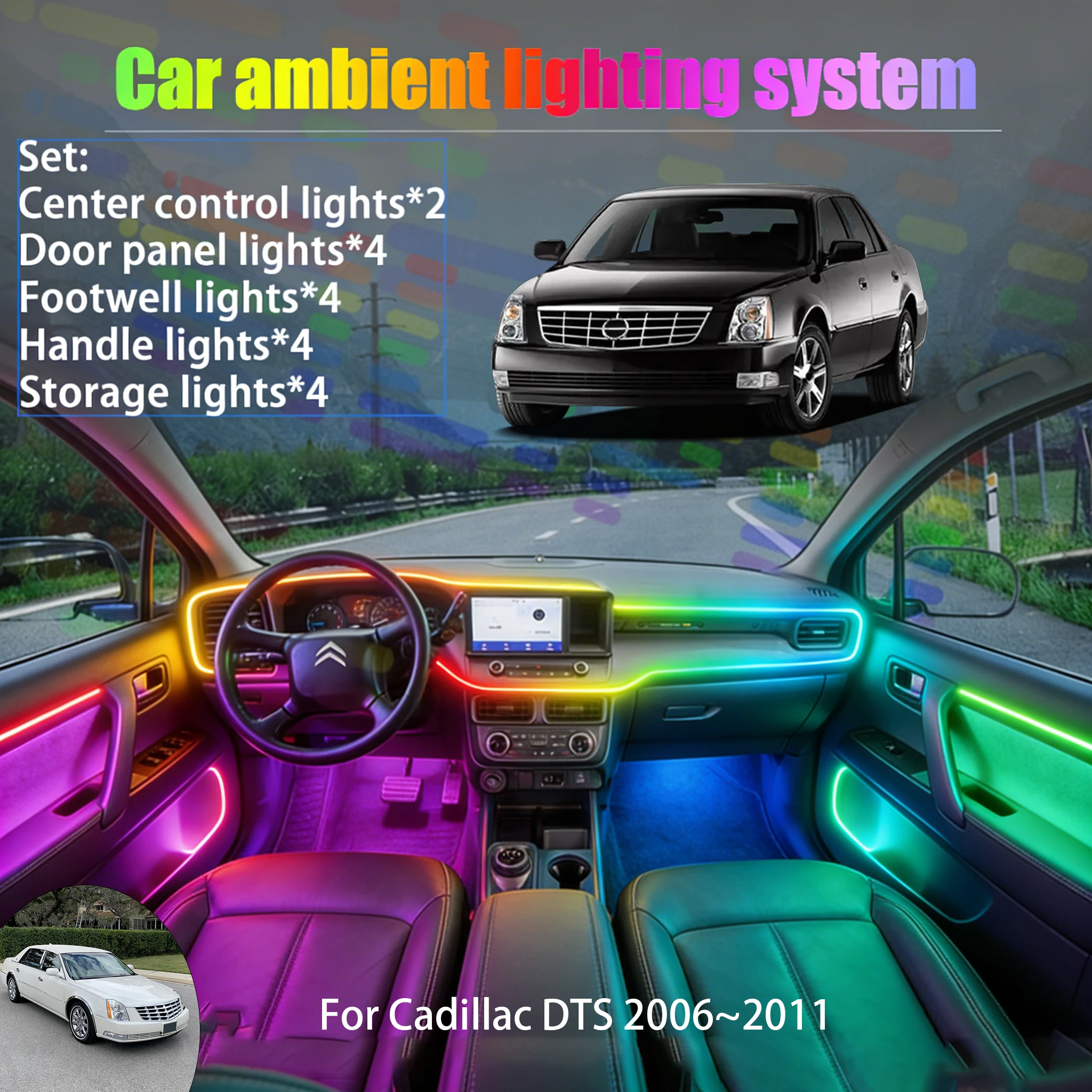 

Для Cadillac DTS 2006-2011: Комплект светодиодной подсветки салона и багажника (2/18 шт.) с USB RGB-подключением, автозапчасти
