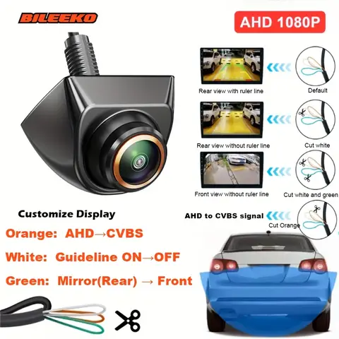 Bileeko 자동차 카메라 AHD 1080P 자동차 전면/측면/후면 보기 역방향 백업 캠 미러/가이드 라인/CVBS 스위치