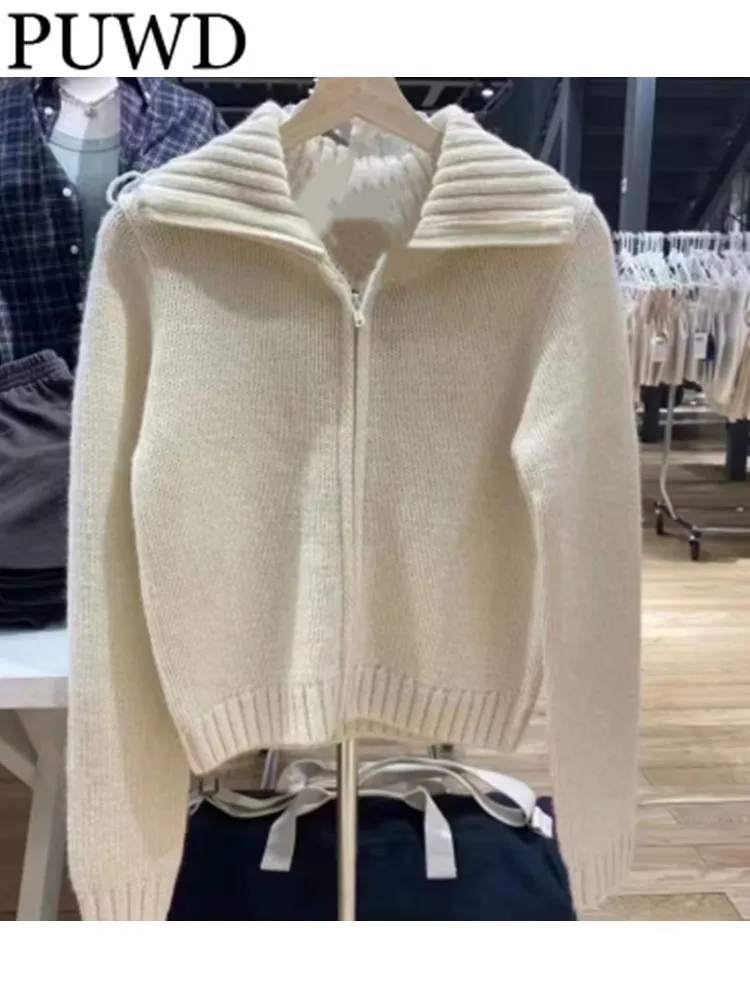 

PUWD Casual Women Beige Zipper-up Knit Cardigans 2022 Fall Winter Fashion Ladies Vintage Lapel Long Sleeves Female Chic Outwears