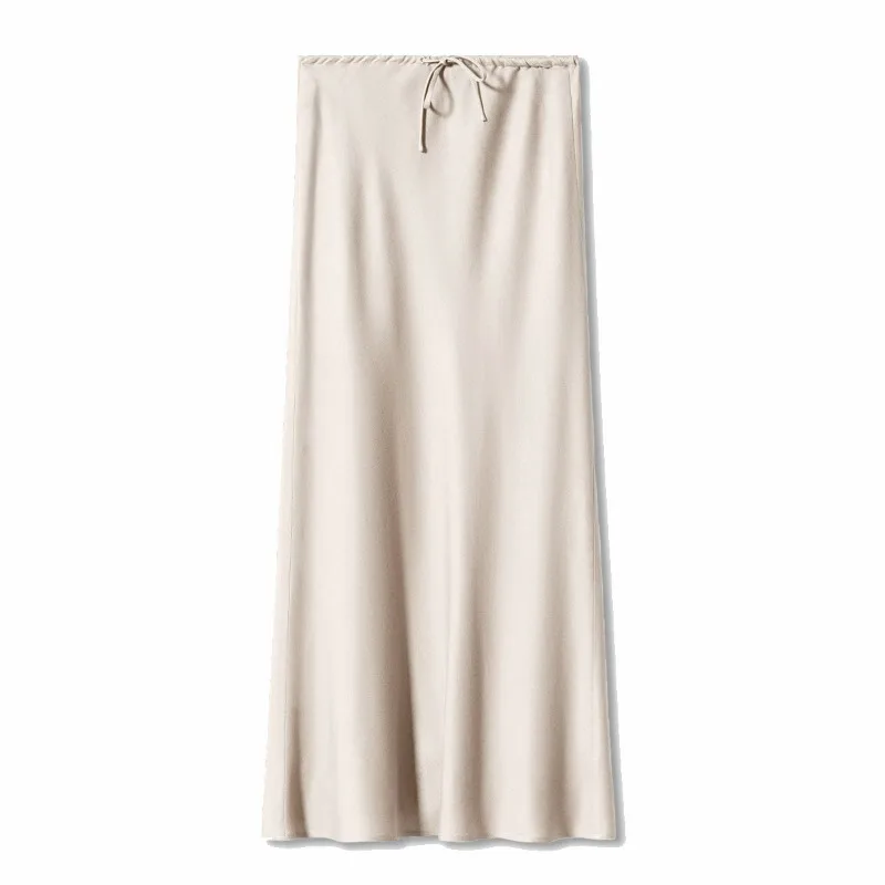 2026 Spring Summer Solid Color Satin Long Skirt For Women High Waist Lace-Up Fashion Elegant Faldas Light Luxury Women's Skirt