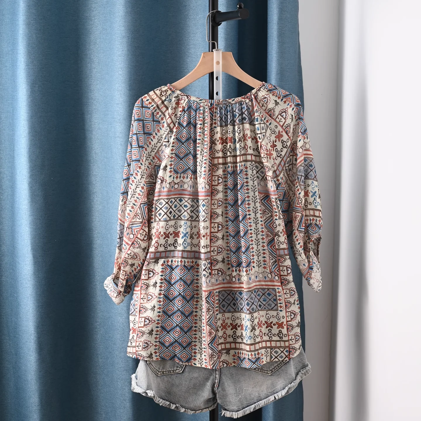 2025 Ethnic shirts and blouses for women summer Mexican style geometric print shirts 3/4 sleeves tops boho clothing