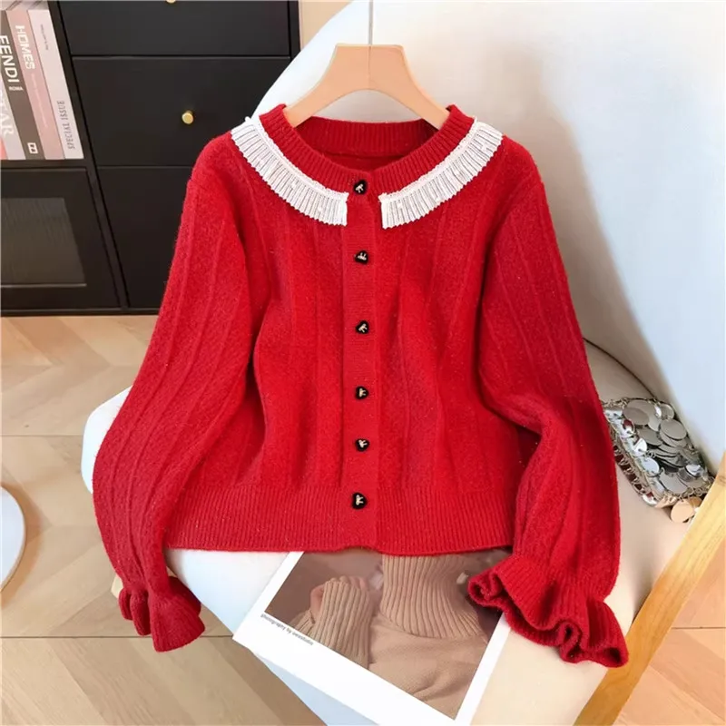 

Осенний модный вязаный кардиган с кружевными вставками для женщин, укороченный, с круглым вырезом, на одной пуговице, с длинными рукавами, женская трикотажная кофта