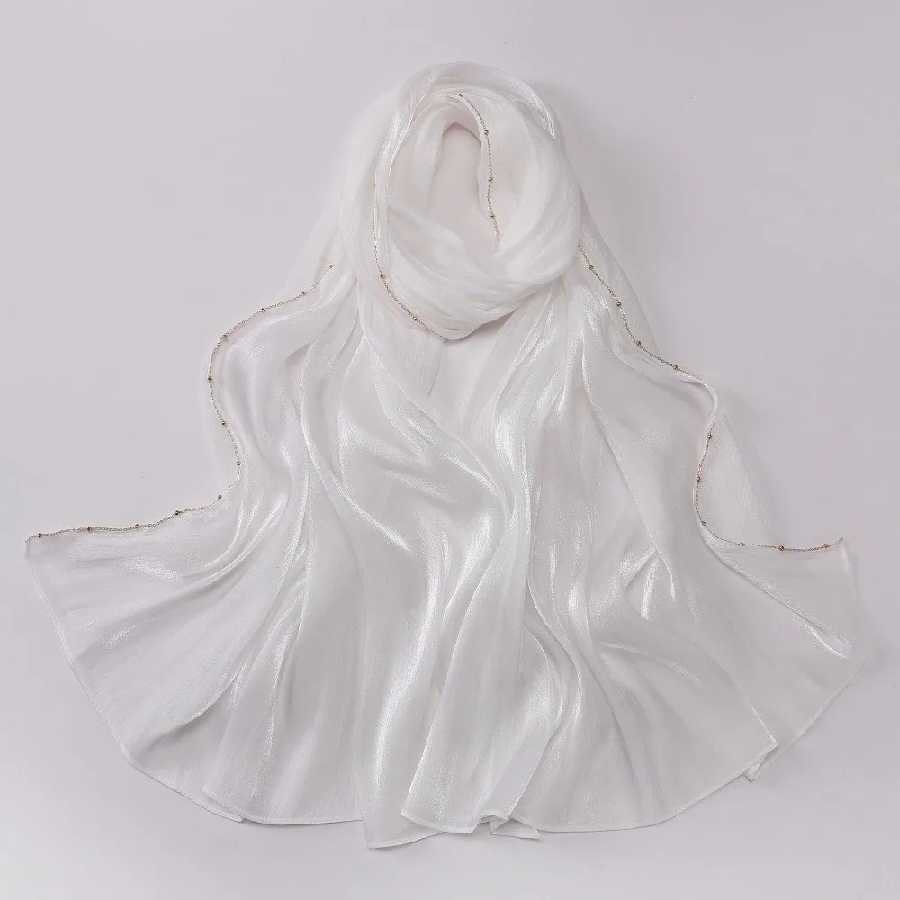 Hochwertiger, einfarbiger Seidenschal mit glänzender, einseitiger goldener Kette, Chiffon-Hijab-Schleier, langer Chiffon-Sonnenschutz-Kopftuch für den Außenbereich – Detail 7