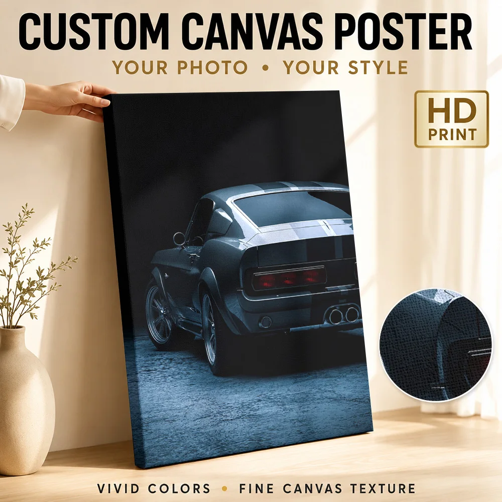 Dark Moody American GT Eleanor Rear View Car Framed Canvas Poster Personalized Photo Dynamic Wall Art Garage Decor Driver Gift