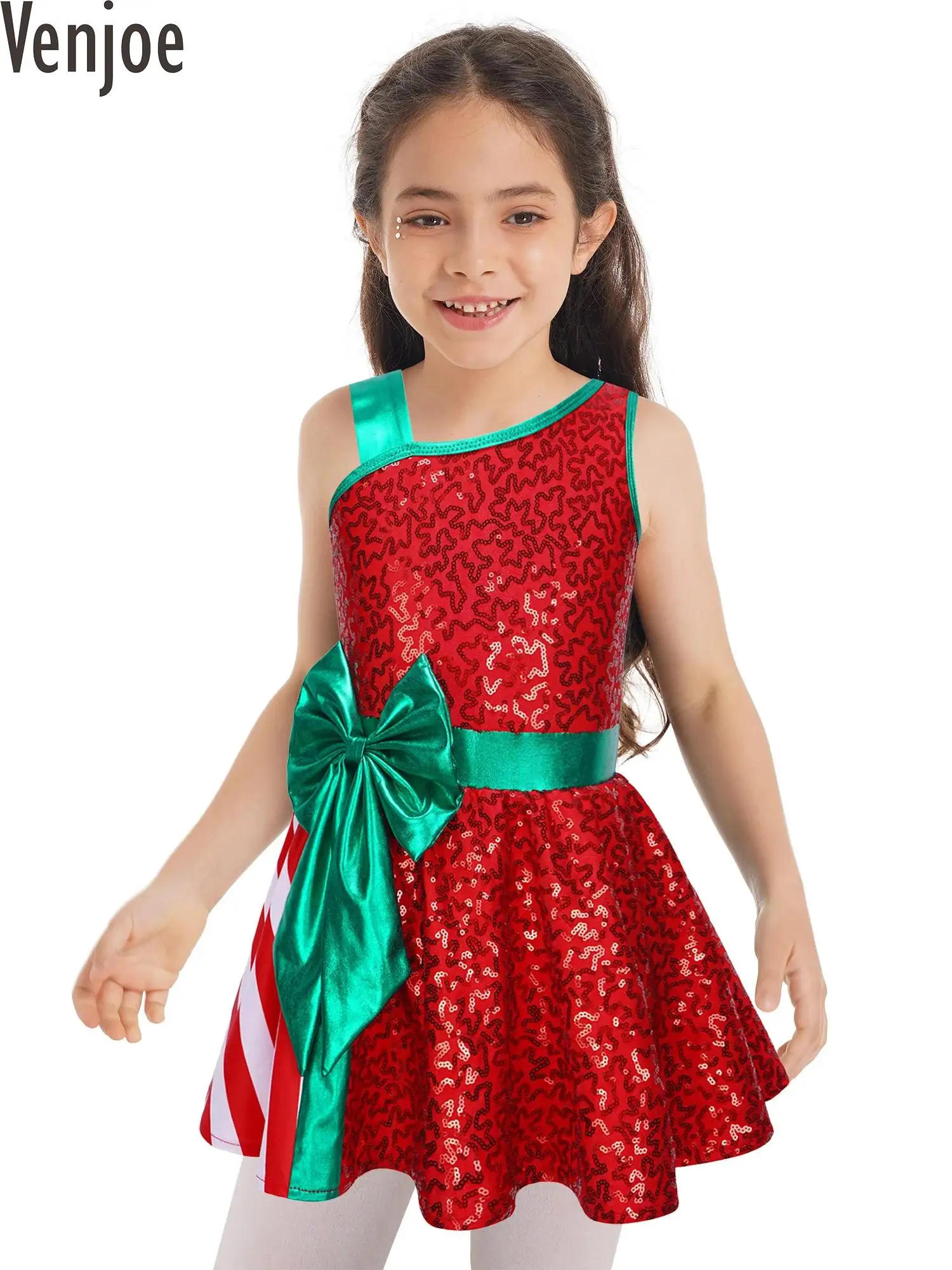 #4-14 bambini ragazze lucido paillettes Costume di natale babbo natale elfo vestire natale capodanno tuta a righe Party Dancewear