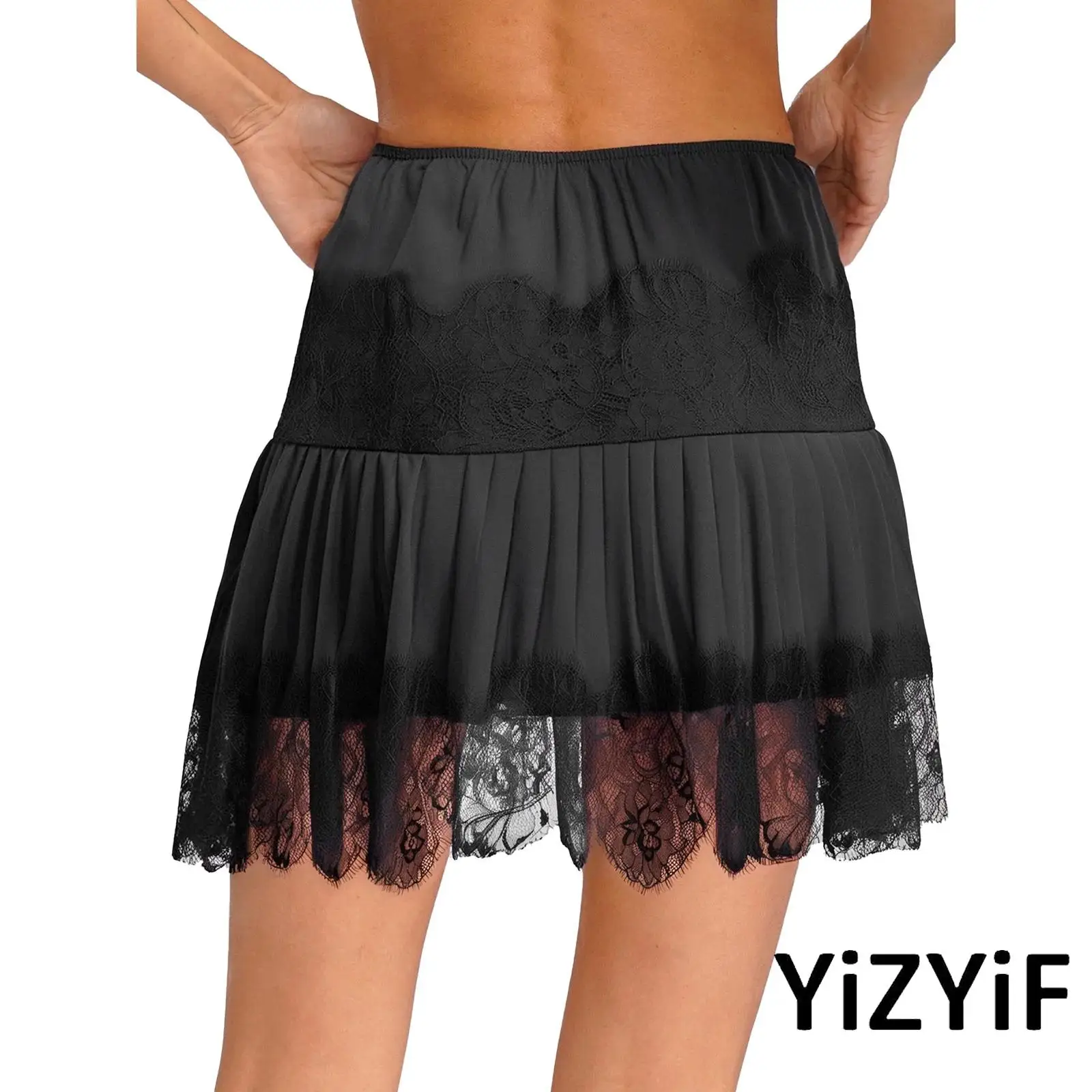Womens Extender Half Ruffled Underskirt Versatile Skirt Eyelash Lace Embroidery Pleated Vintage Skirt for Date Night Valentine