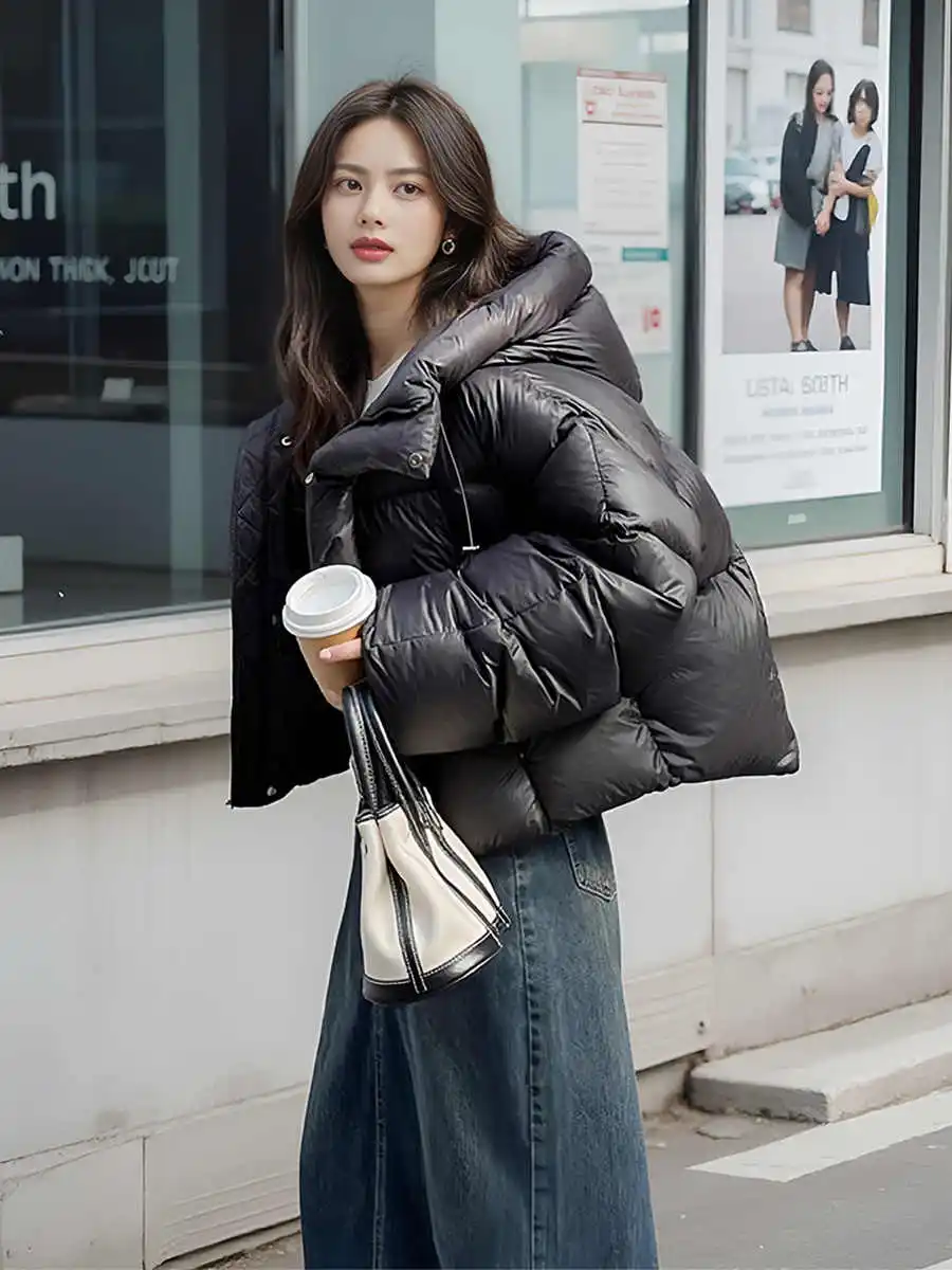 

Women's Short Puffer Jacket Duck down Bread Style Coat Winter Warm Outerwear Korean Style Bubble Sleeve Zipper Closure