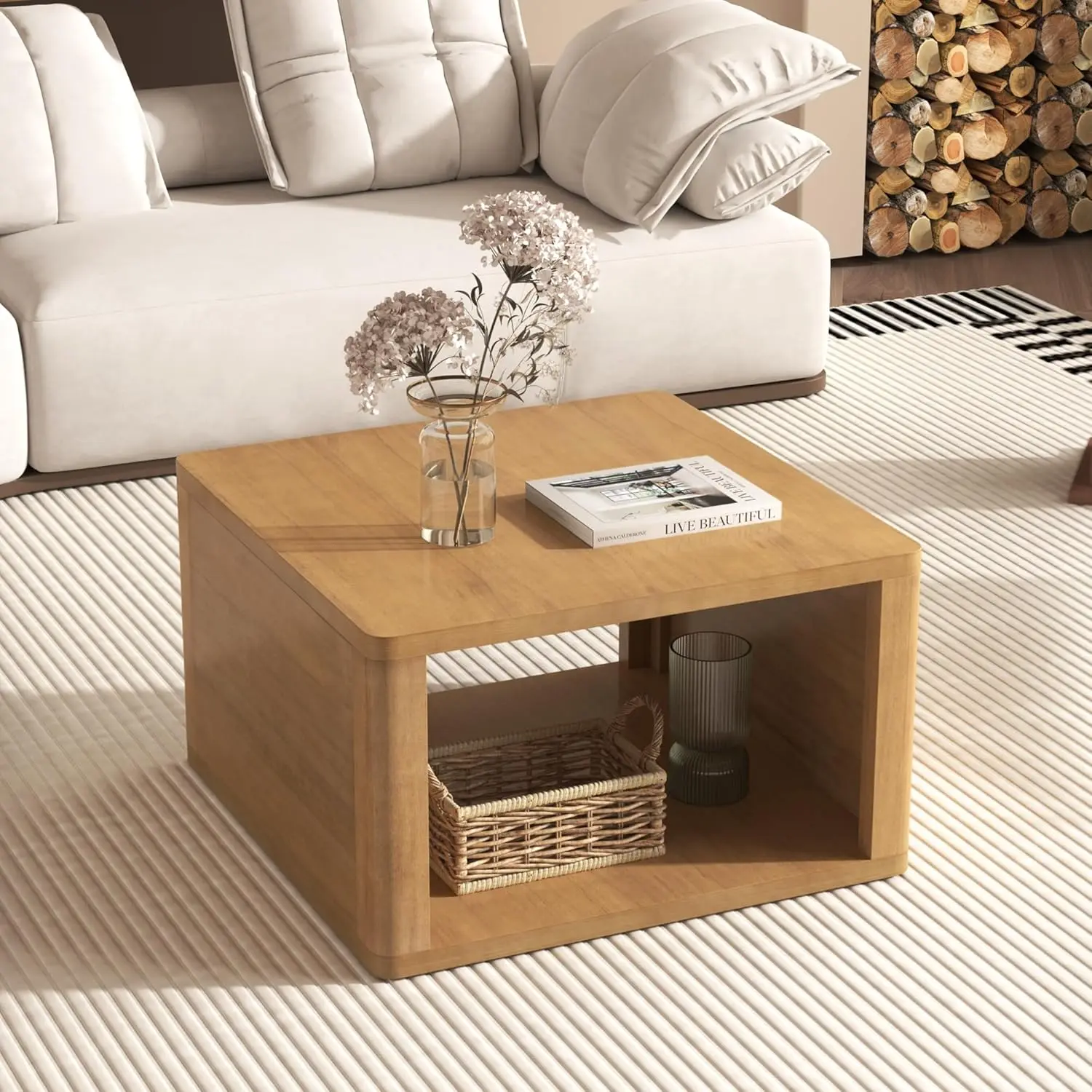 Modern Rustic Natural Small Square Coffee Table - Wood Center Table with Open Storage Compartment,for Living Room Reception Room