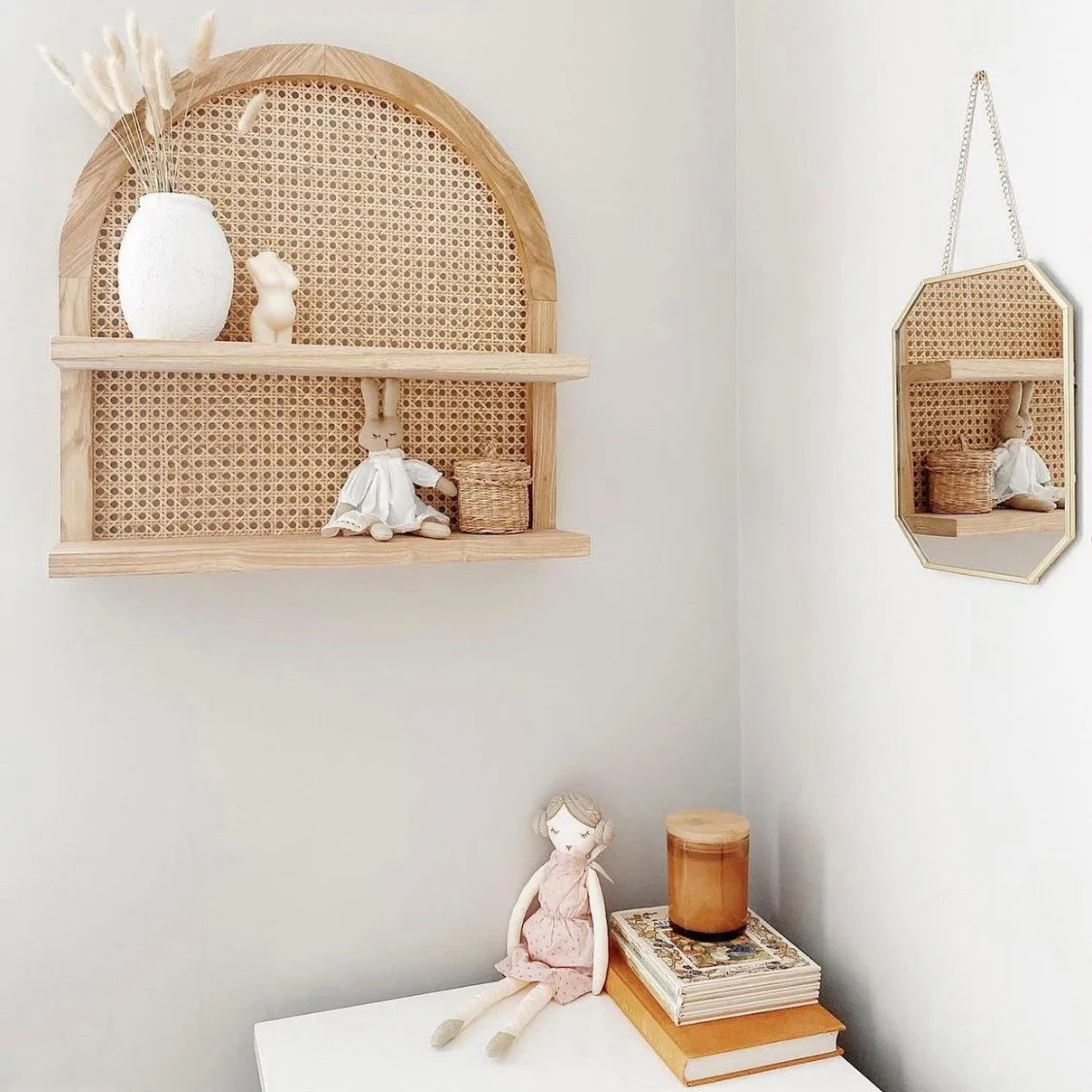 Handmade Wooden Wall Mounted Shelf Rattan Fan shape Storage Rack Homestay Decoration Nordic Style Pine Holder Weaving Vine Frame