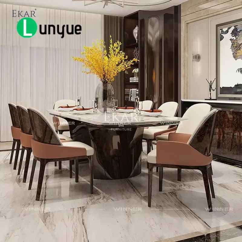 Luxury Marble Dining Table Set with Wooden Base and 4 Chairs Modern Kitchen Furniture for Home Dining Room Elegant Design