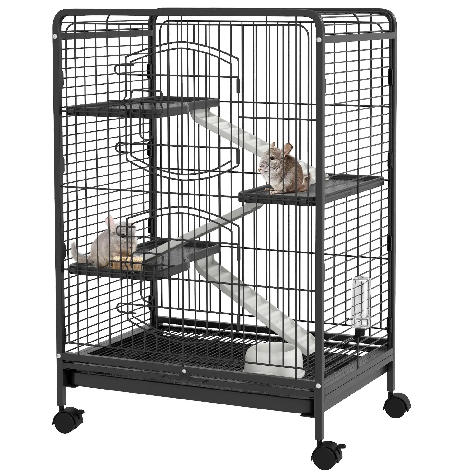 Cage pour petits animaux PawHut, 3 plateformes, roulettes, 2 portes, plateau inférieur amovible, 4 roues (2 avec frein), 61,5x44x95cm, noir