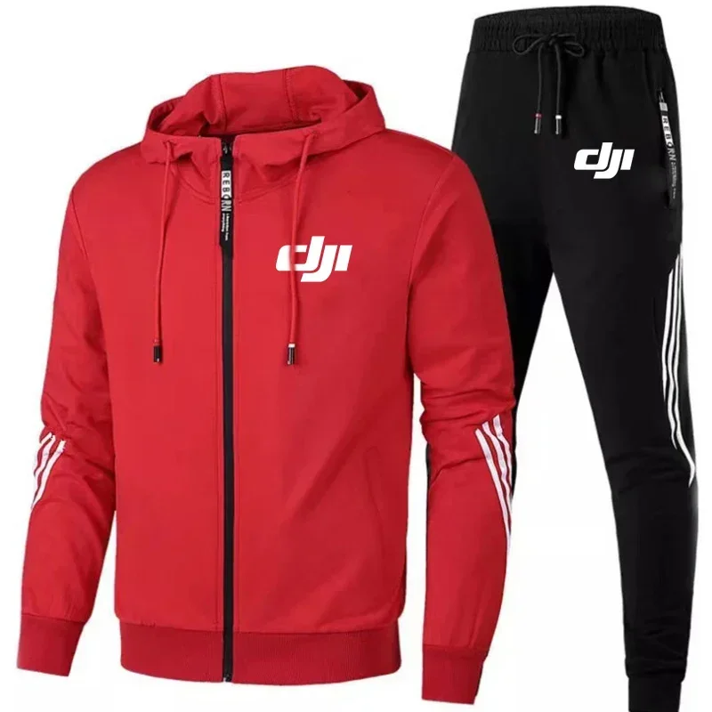 Dji Hoodie + Celana pria, pakaian olahraga 2 potong risleting set Fitness musim gugur profesional