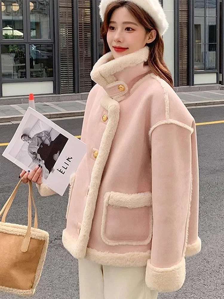 

Faux Fur Jacket Women Street Casual Standneck Thicken Korean Warm Coat Female Winter Solid Chic Plush Loose Outwears Lady