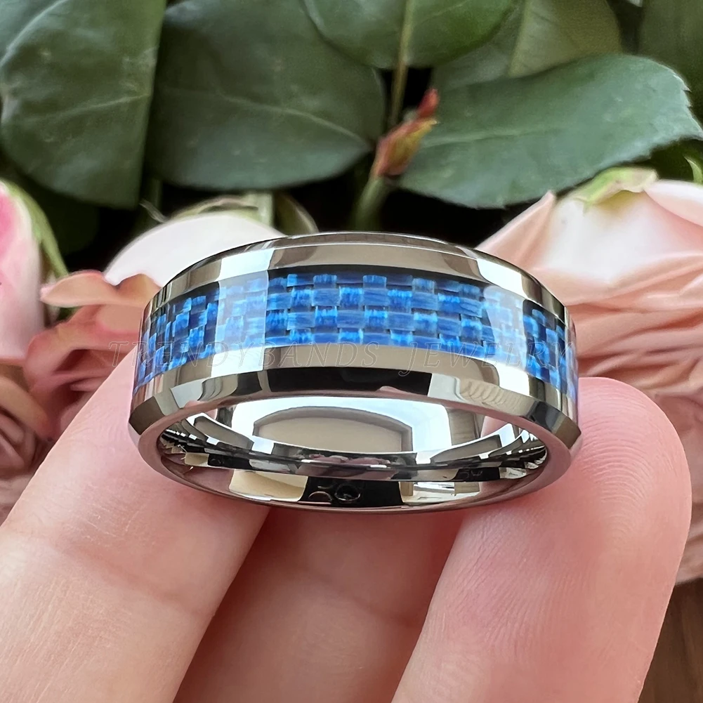 6mm 8mm Dropshipping Tungsten Carbide Ring Wedding Band for Men Women Blue Carbon Fiber Inlay Beveled Edges Comfort Fit