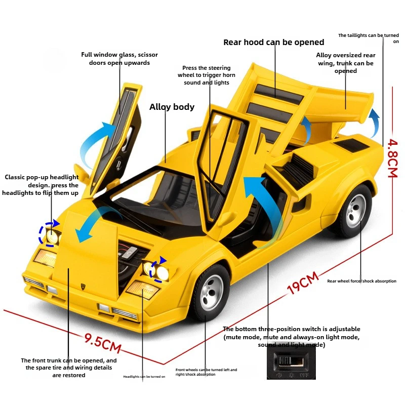 1:24 Countach LP500S Alloy Metal Diecast Sports Car Model Toy Sound & Light Vehicle Toys For Boy Children Gifts