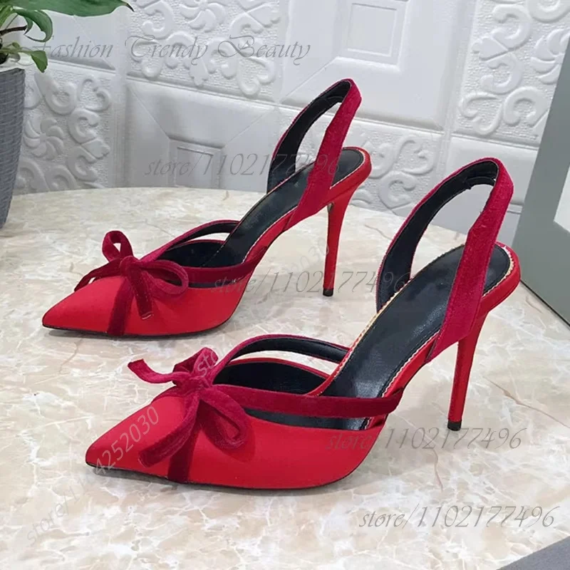 

Rose Red Silk Sandals Bow Velvet Pointed Heel Suede Stiletto Girls Cute Sandal Purple Slingback Romantic Hollow Knot Party Shoes