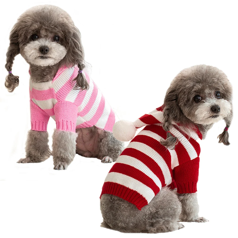 Dog Cat Sweater for Small Medium Dogs Stripe Knitted Christamas Sweater Hooded Autumn Winter Pet Clothes Xmas Puppy Outfits