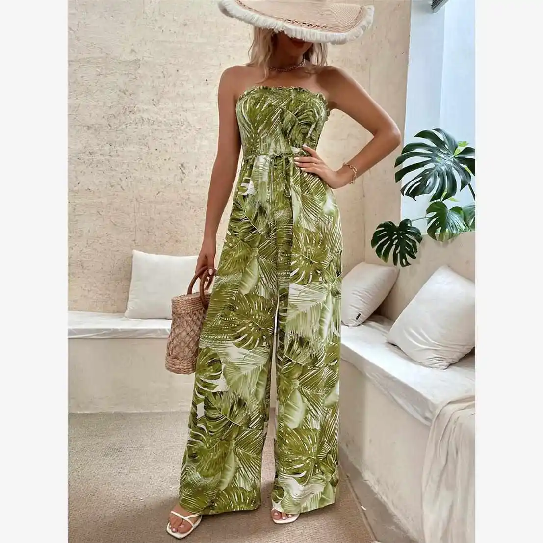 بنطلون نسائي صيفي جديد مثير بدون أكمام مع طباعة وخصر مرتفع وساق واسعة بأسلوب الشارع #4