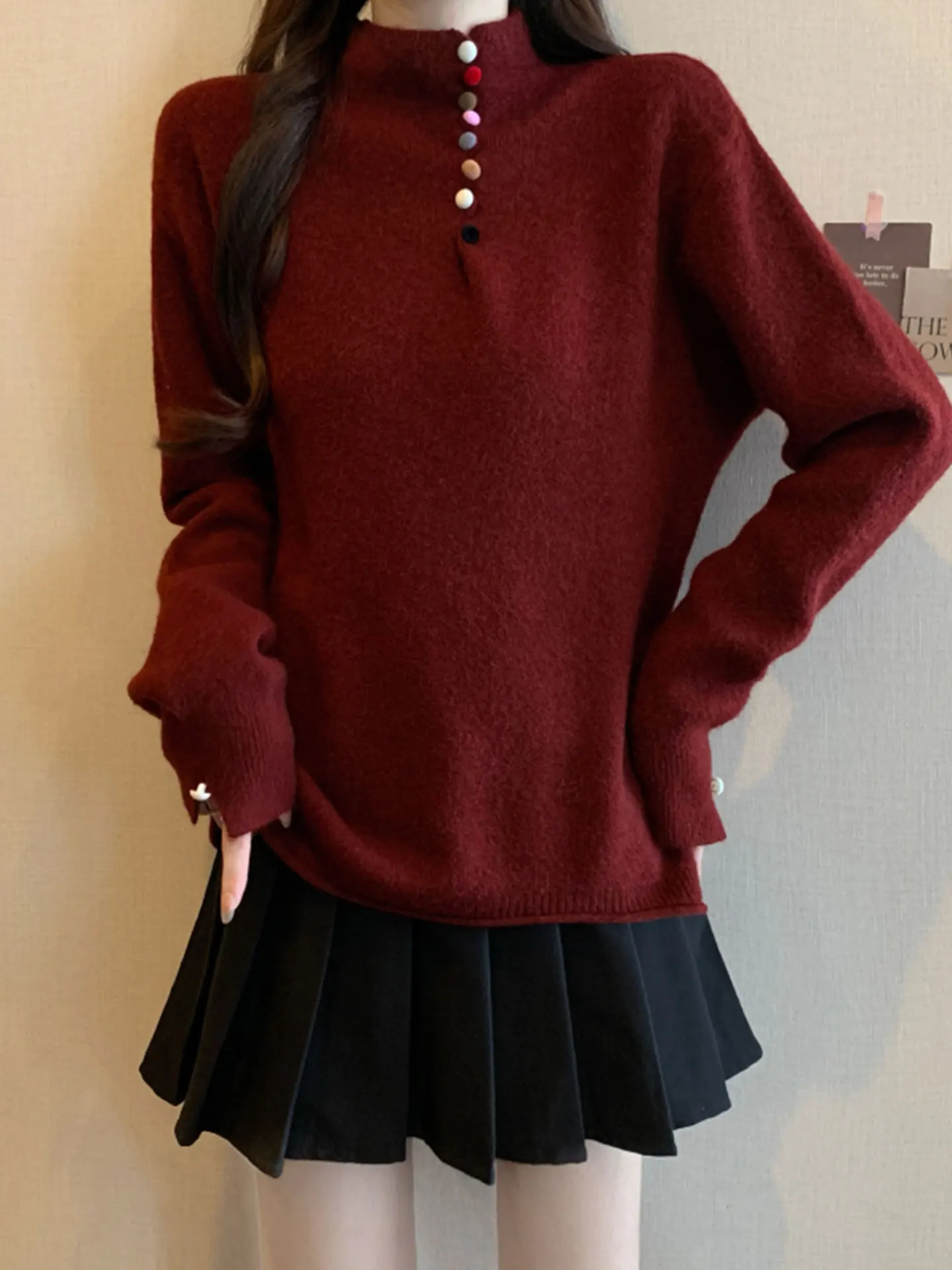 

Красный вязаный свитер с длинными рукавами для женщин, осенне-зимний, с высоким воротом, больших размеров, модный базовый топ, стандартный крой, Cleanfit Sle