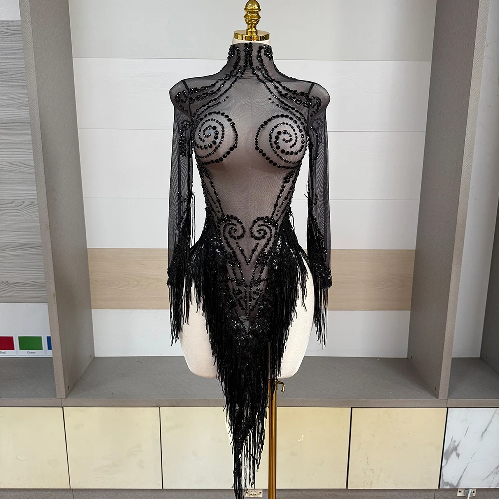 Sparkly Rhinestones Sequins Black Fringe Birthday Celebrate Evening Dress Women Mesh Transparent Dance Costume Photoshoot Outfit