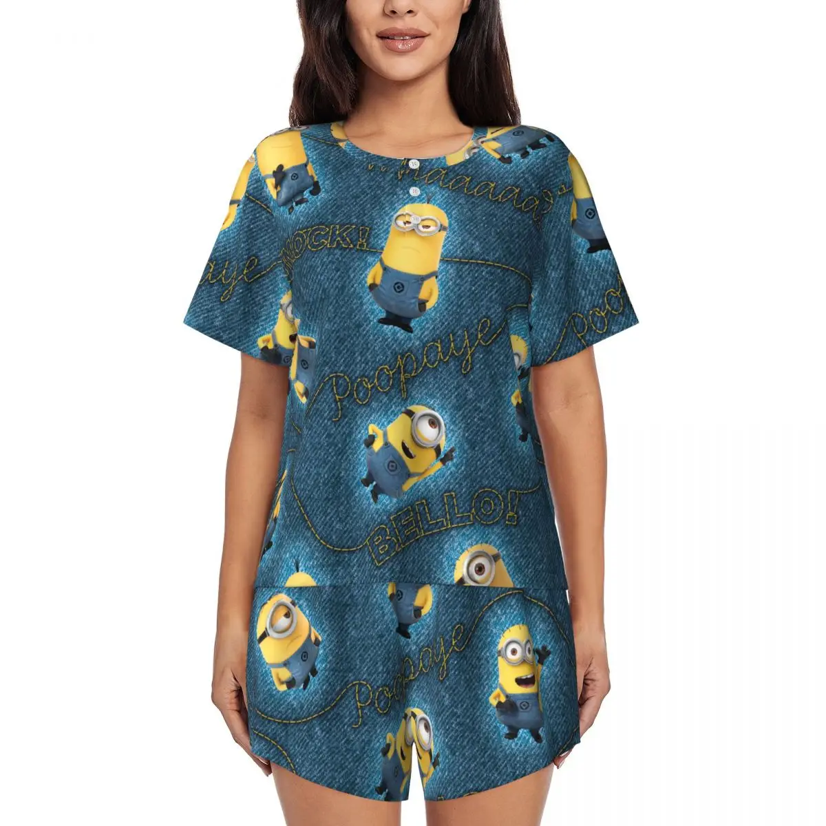 Custom Animated Comedy Movies Minions Pajamas Set Womens Short Sleeve Sleepwear Loungewear 2 Piece Pjs