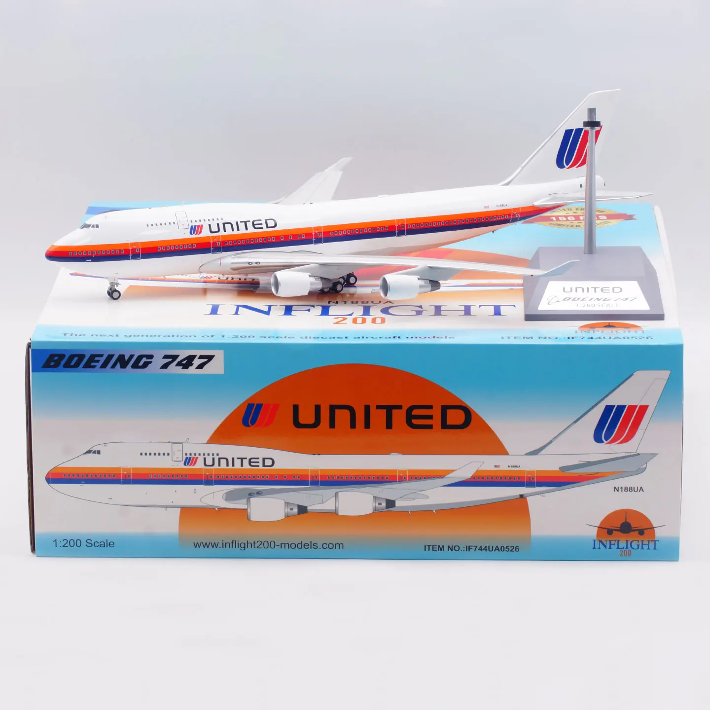 IF744UA0526 Alloy Collectible Plane INFLIGHT 1:200 United Airlines Boeing B747-400 Diecast Aircraft Jet Model N188UA With Stand