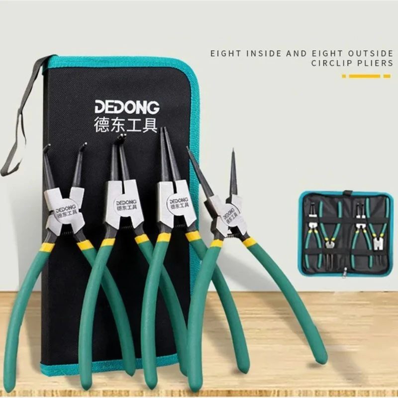 Conjunto de 4 Alicates de Anel de Retenção com Bolsa de Armazenamento, Alicates de Bico Longo de 7'' (Retos e Curvos) para Anéis Internos e Externos, Kit Profissional