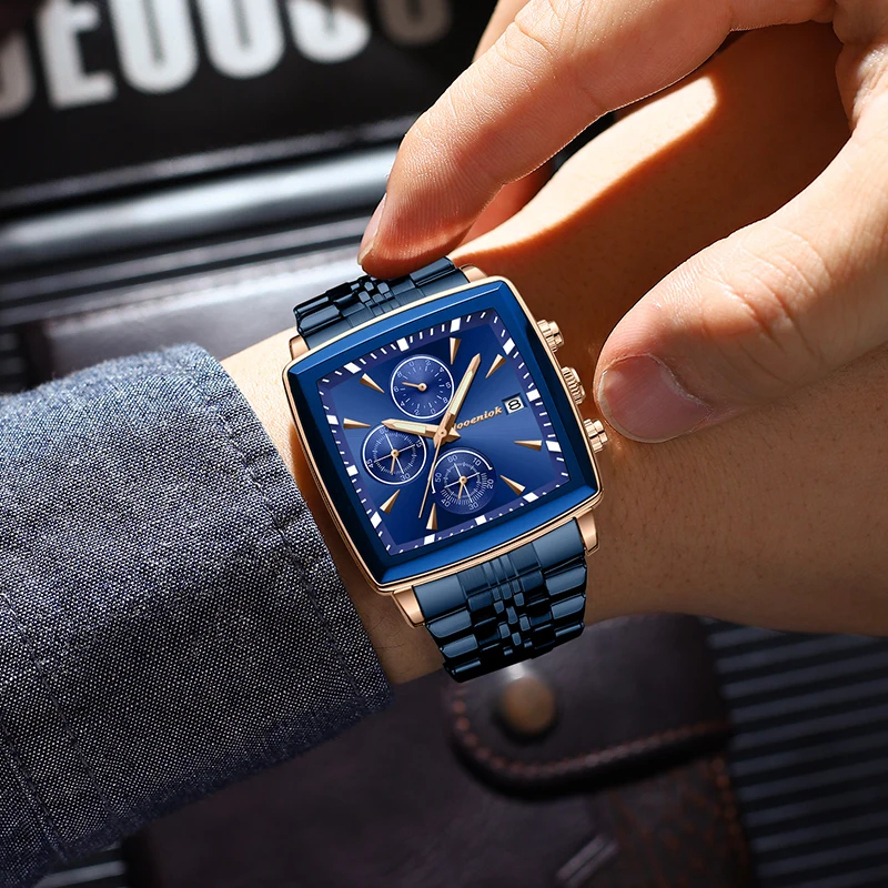 2025 Новые роскошные повседневные часы, лучший бренд, модный квадратный циферблат, календарь из нержавеющей стали, светящиеся водонепроницаемые мужские часы, мужские часы + коробка