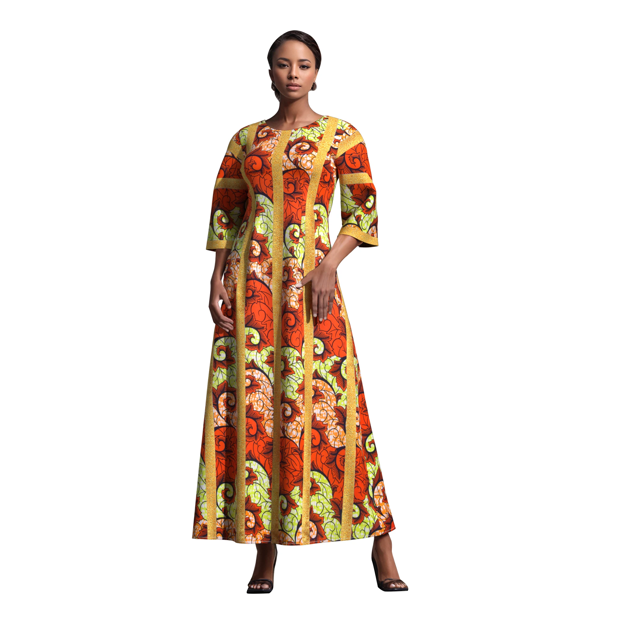 New African Print Fabric Maxi Dress, Contrast Color Panel Splicing Style, Multiple Designs & Sizes  WY10646