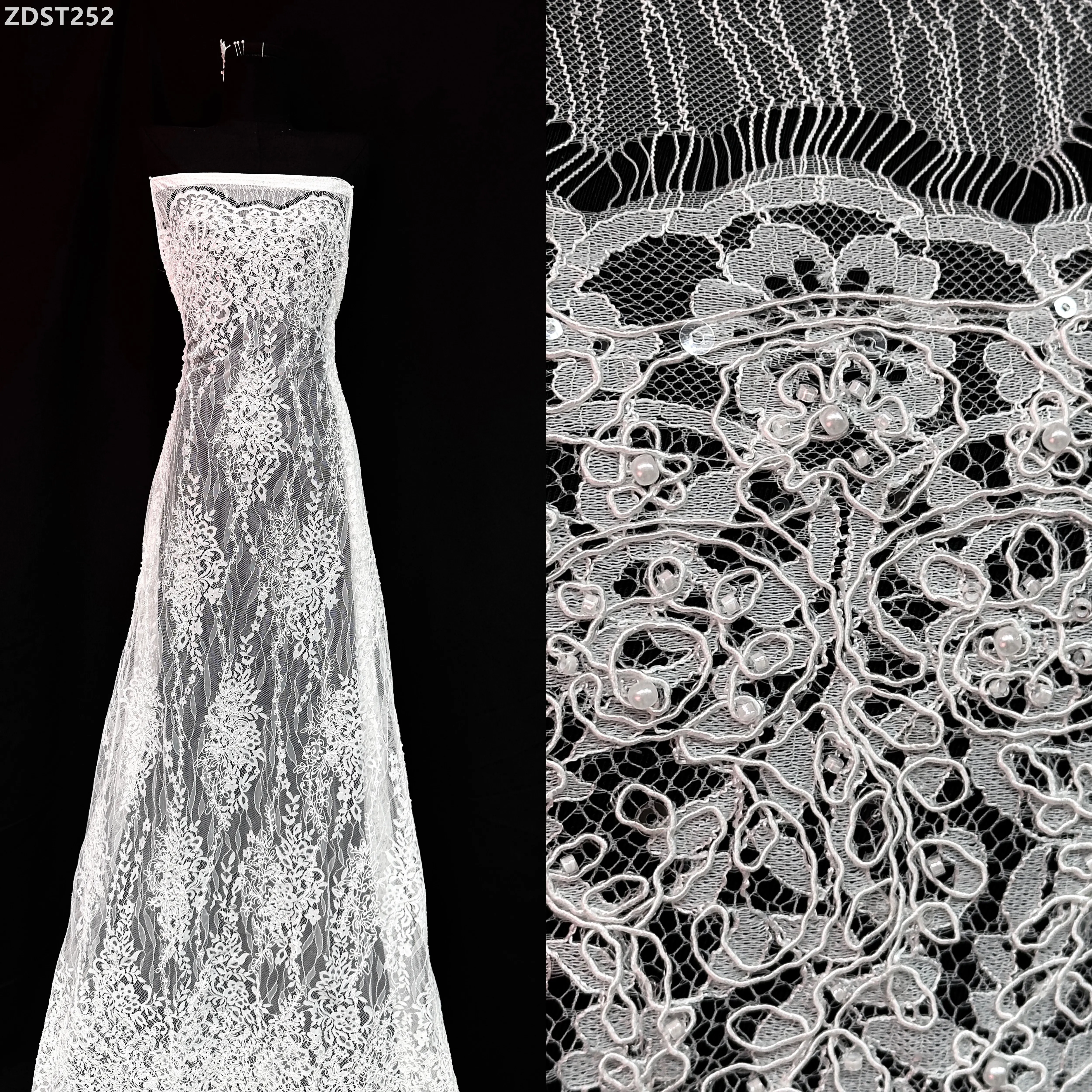 

3,3 ярда белая европейская свадебная кружевная вышитая тюлевая ткань для роскошных свадебных платьев с цветочным дизайном вечерней одежды