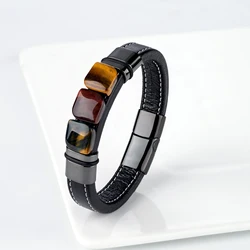 New Multi Color 3 Square Natural Old Tiger Eye Vintage Jewelry Charm Wide Leather Rope Men's Stainless Steel Bracelet Jewelry