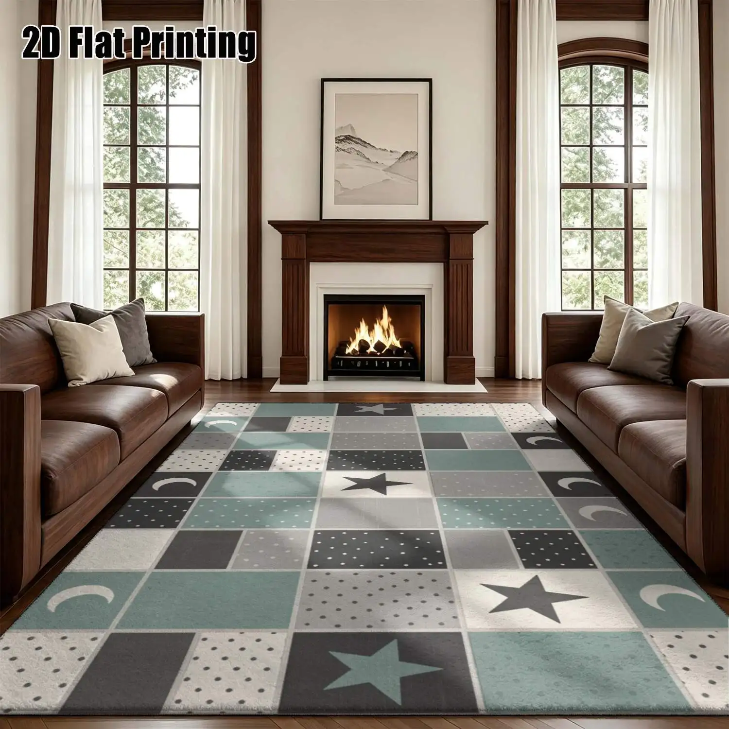 1Pc 2D Printed Carpet: Blue-Grey Star-And-Moon Geometric Nordic Style, Instagram-Worthy, Machine Washable, Multi-Size Home Decor Mat for Entryway, Dining, Living, Bedroom