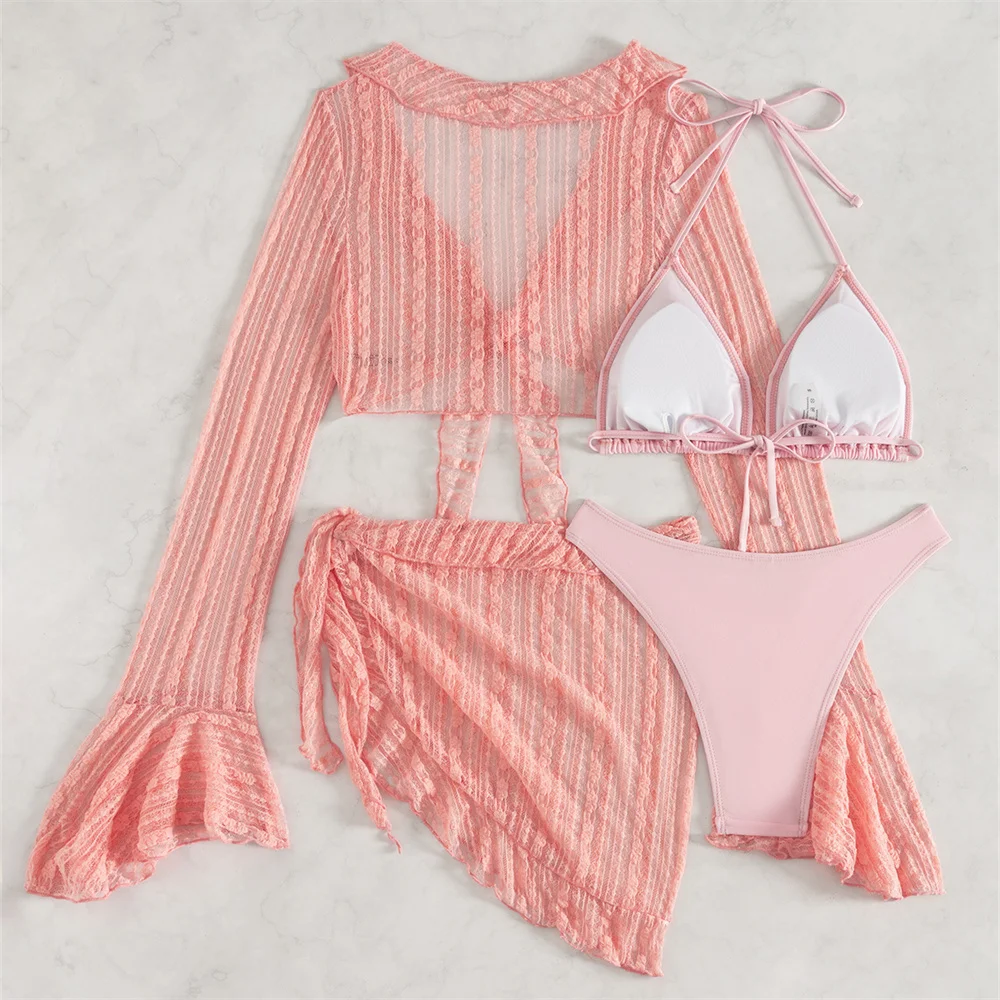 Maillot de bain en maille unie, tenue de plage, à volants, manches longues, Cover-Up pour les vacances, pour femmes, ensemble deux pièces en dentelle rose
