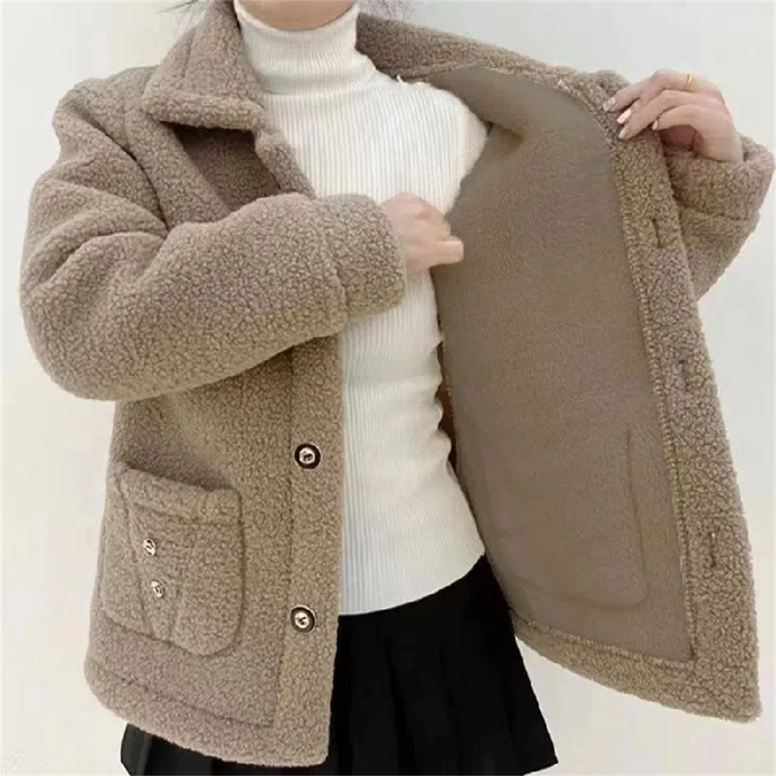 Women\'s Lamb Plush Casual Coat Cozy Button Closer Coat Solid Color Style for Women Formal Daily Party Ball