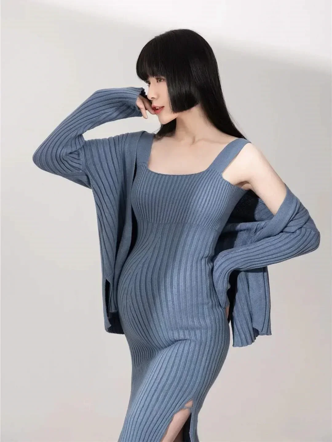 Women Sexy Knitting Maternity Dresses for Photo Shoot Casual Photography Props Pregnancy Clothes Long Sleeve Jackets Slip Dress