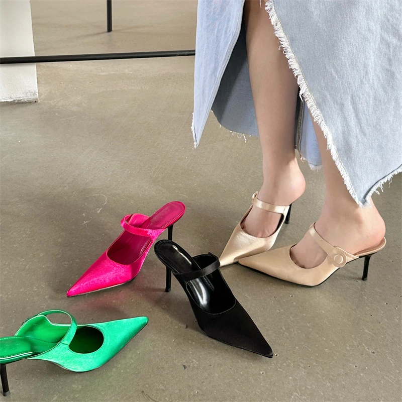 Eilyken 2024 Satin Button Pointed Toe Mules Pumps Women Slipper Fashion Shallow Thin High Heels Ladies Shoes